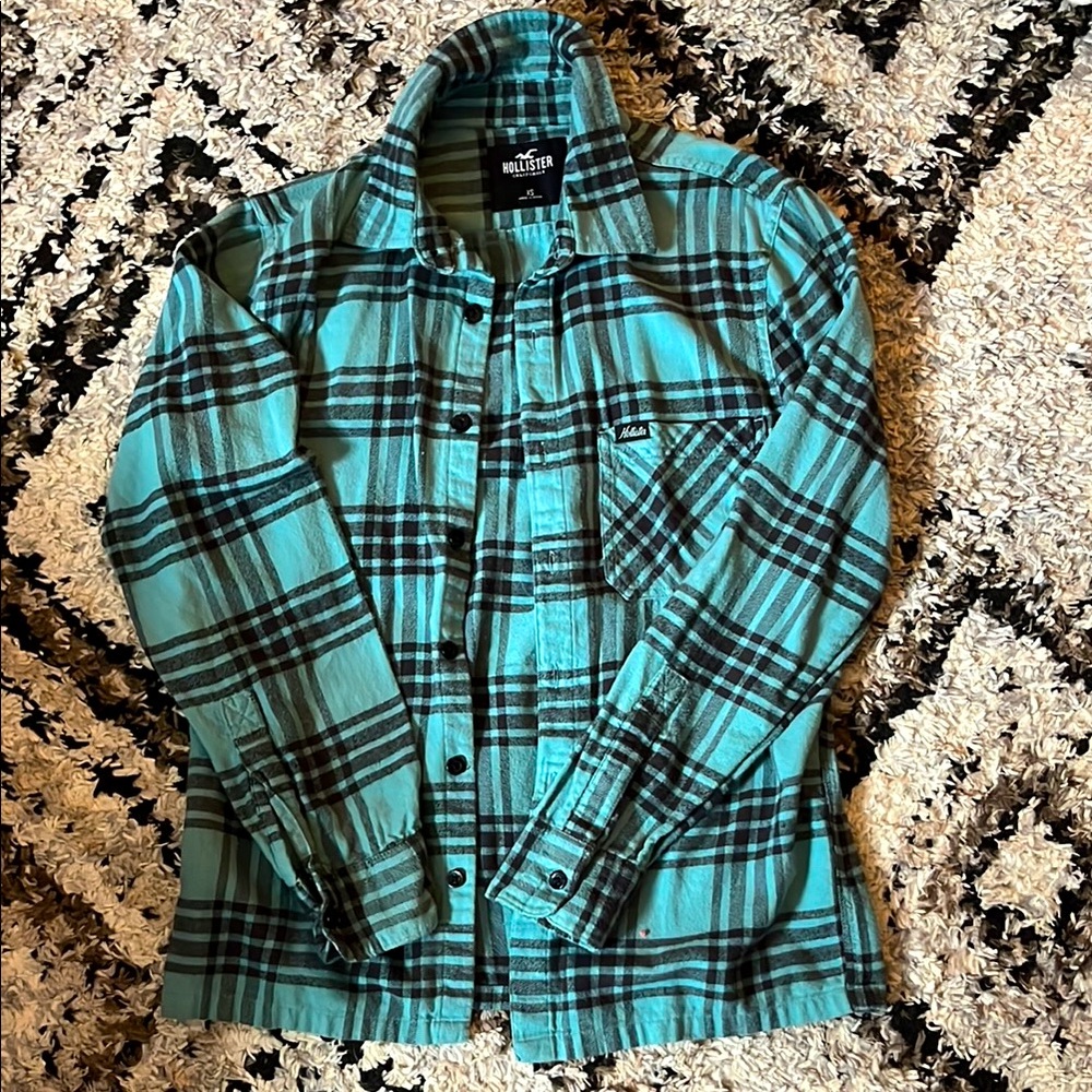 Hollister Turquoise and Black Checkered Shirt